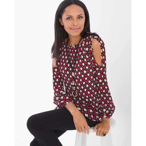 Chico Geometric Pleated Cold-Shoulder Top Red Black  Small - Picture 1 of 6